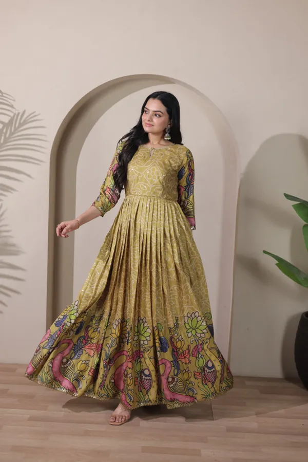 Mehendi_Tussar_Silk_Kalamkari_Print_Ethnic_Dresses_Gown_For_Women
