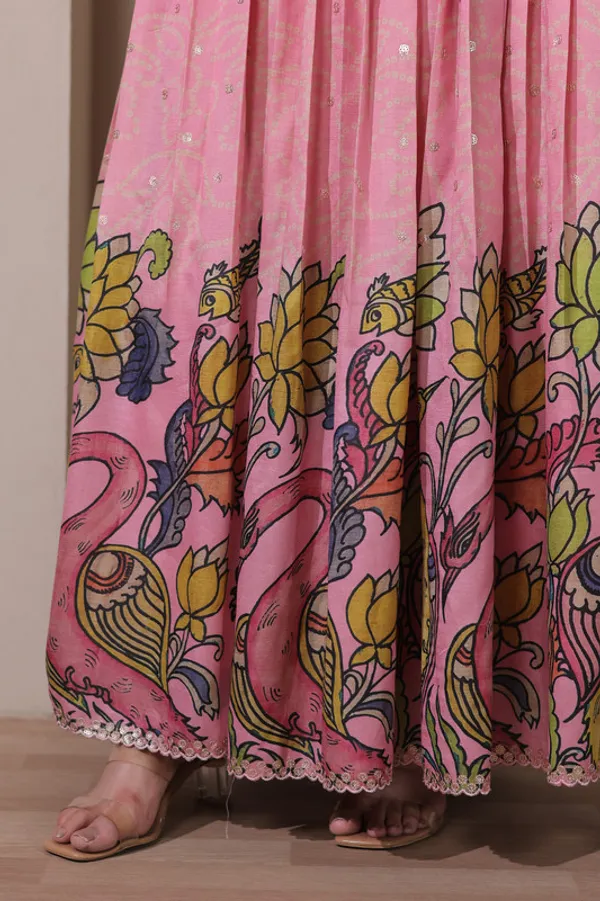 Pink_Tussar_Silk_Kalamkari_Print_Ethnic_Dresses_Gown_For_Women