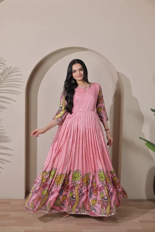 Pink_Tussar_Silk_Kalamkari_Print_Ethnic_Dresses_Gown_For_Women