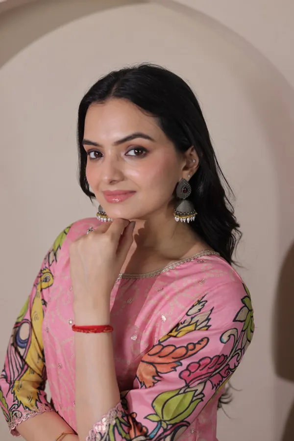 Pink_Tussar_Silk_Kalamkari_Print_Ethnic_Dresses_Gown_For_Women