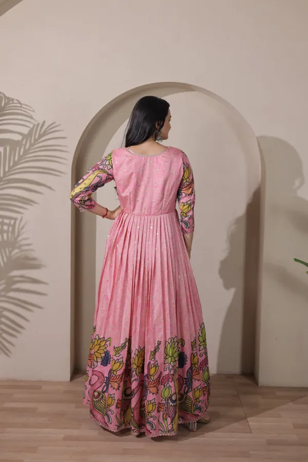 Pink_Tussar_Silk_Kalamkari_Print_Ethnic_Dresses_Gown_For_Women