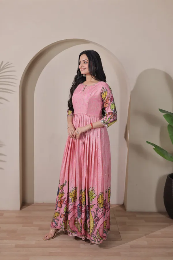 Pink_Tussar_Silk_Kalamkari_Print_Ethnic_Dresses_Gown_For_Women