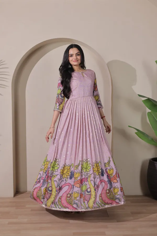 Lavender_Tussar_Silk_Kalamkari_Print_Ethnic_Dresses_Gown_For_Women
