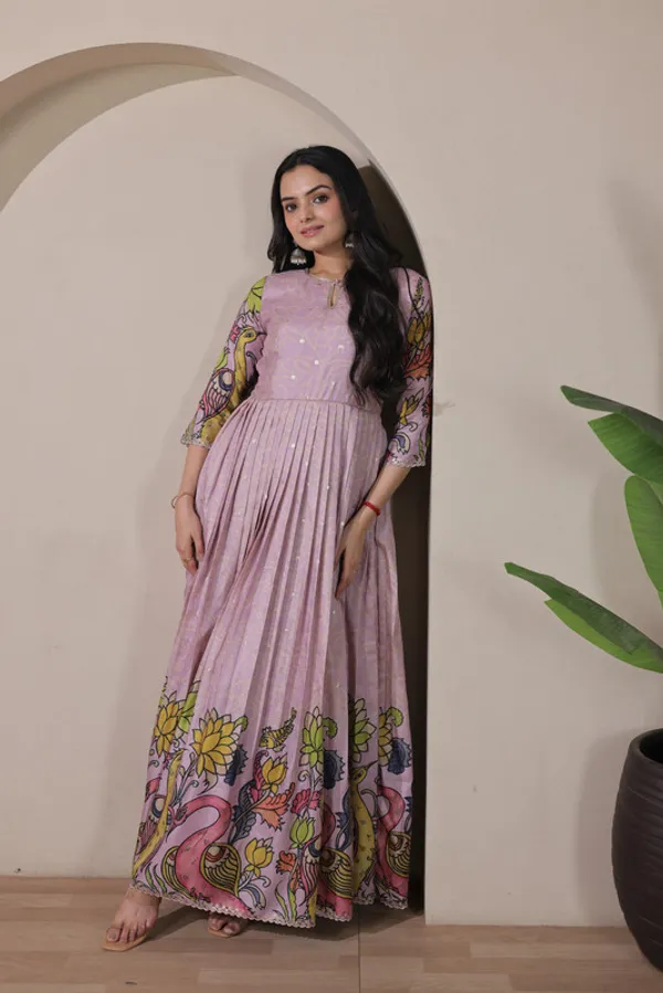 Lavender_Tussar_Silk_Kalamkari_Print_Ethnic_Dresses_Gown_For_Women