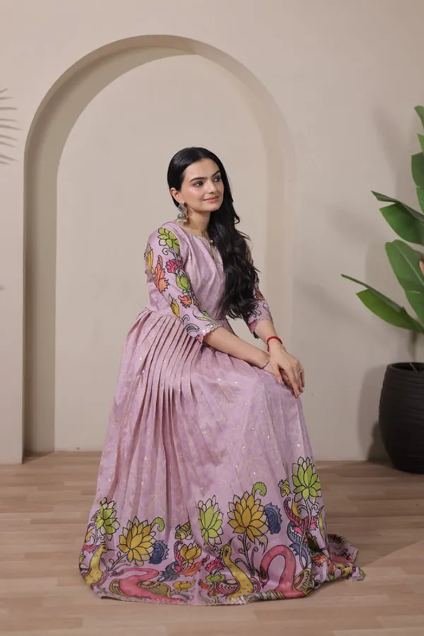 Lavender_Tussar_Silk_Kalamkari_Print_Ethnic_Dresses_Gown_For_Women