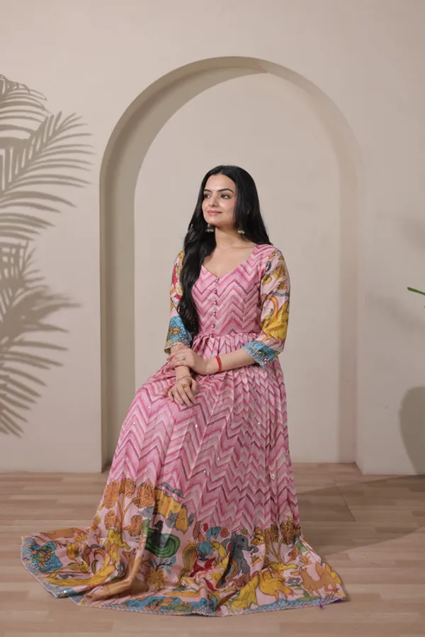 Pink_Tussar_Silk_Print_Embroidery_Ethnic_Dresses_Gown_For_Women