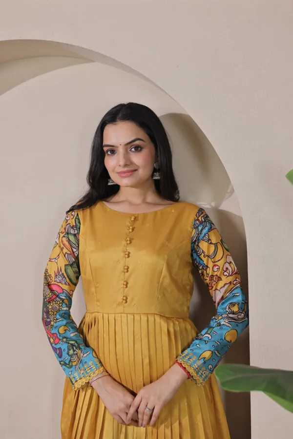 Mustard_Tussar_Silk_Print_Embroidery_Ethnic_Dresses_Gown_For_Women