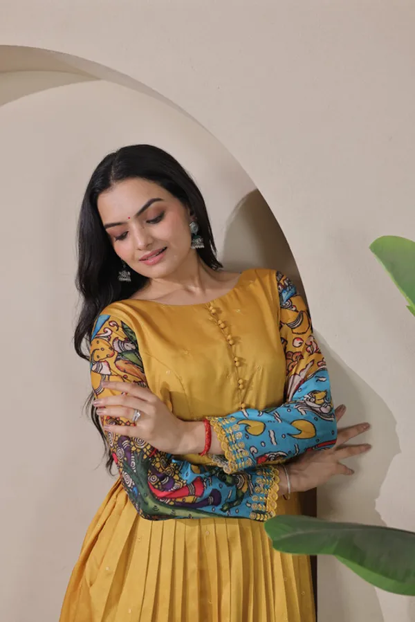 Mustard_Tussar_Silk_Print_Embroidery_Ethnic_Dresses_Gown_For_Women