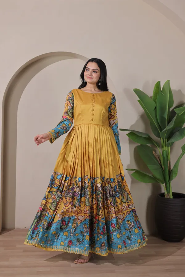 Mustard_Tussar_Silk_Print_Embroidery_Ethnic_Dresses_Gown_For_Women