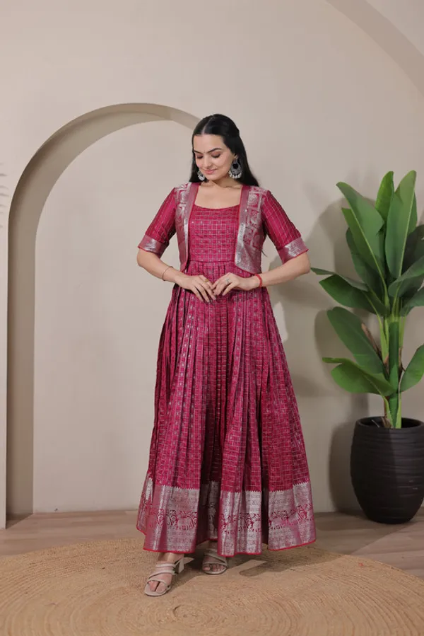 Pink_Soft_Silk_Zari_Weaving_Ethnic_Dresses_Gown_For_Women