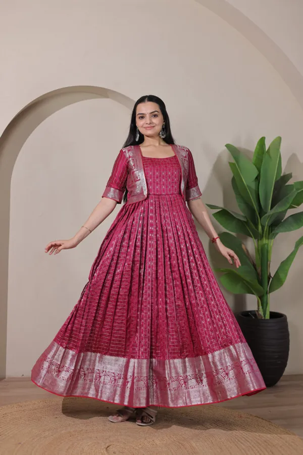 Pink_Soft_Silk_Zari_Weaving_Ethnic_Dresses_Gown_For_Women
