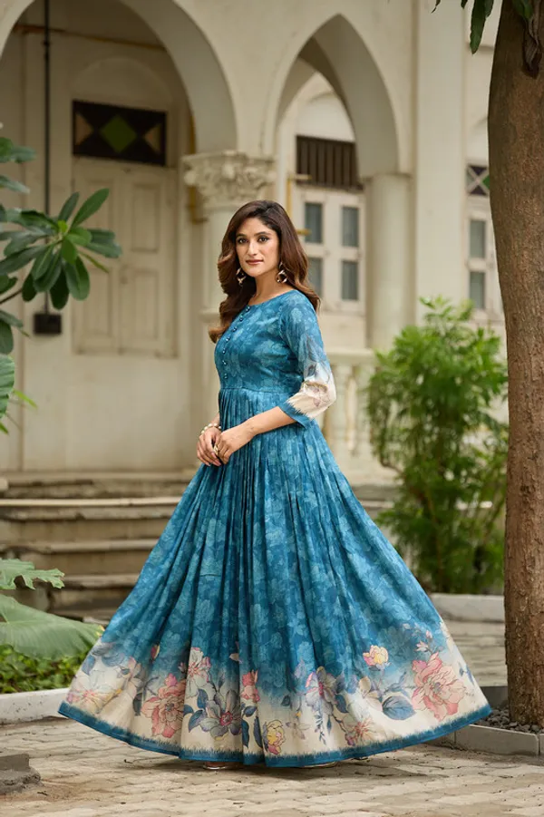 Teal_Blue_Silk_Blend_Printed_Ethnic_Dresses_Gown_For_Women