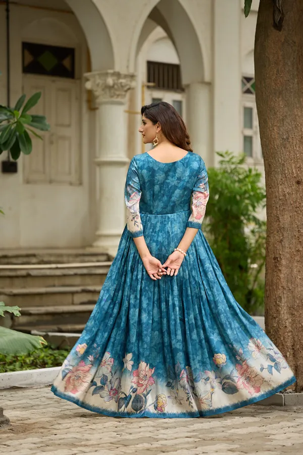Teal_Blue_Silk_Blend_Printed_Ethnic_Dresses_Gown_For_Women