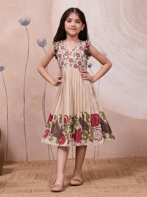 Beige_Cotton_Blend_Printed_Ethnic_Dresses_Gown_For_Girls