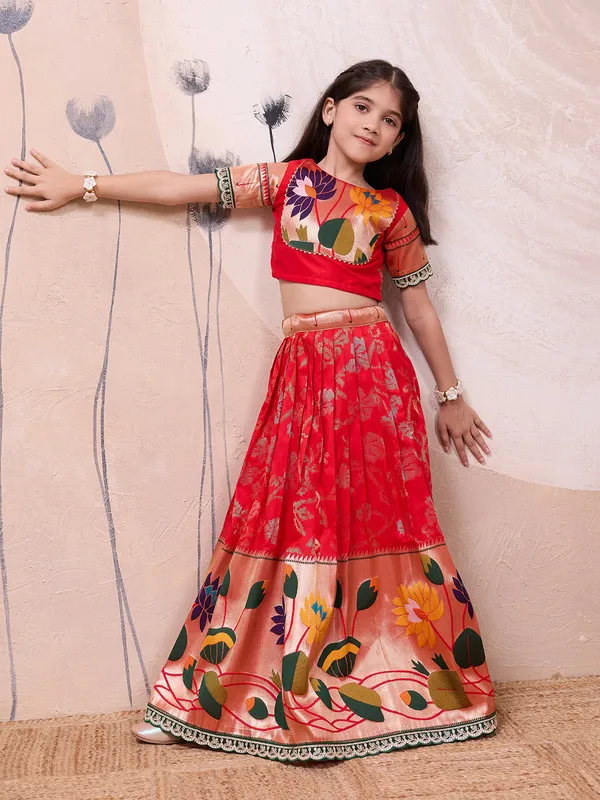 Red_Silk_Blend_Woven_Lehenga_Choli_For_Girls