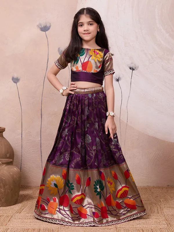 Wine_Silk_Blend_Woven_Lehenga_Choli_For_Girls