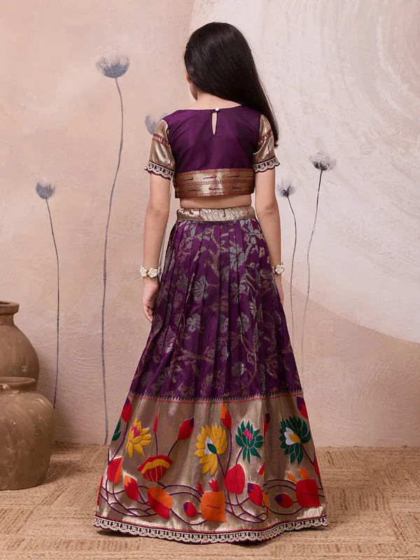 Wine_Silk_Blend_Woven_Lehenga_Choli_For_Girls