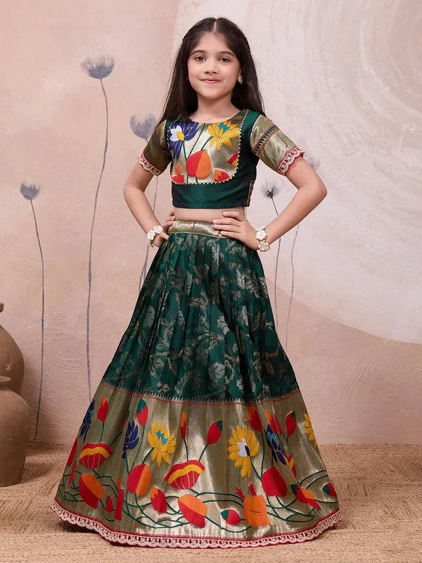 Green_Silk_Blend_Woven_Lehenga_Choli_For_Girls