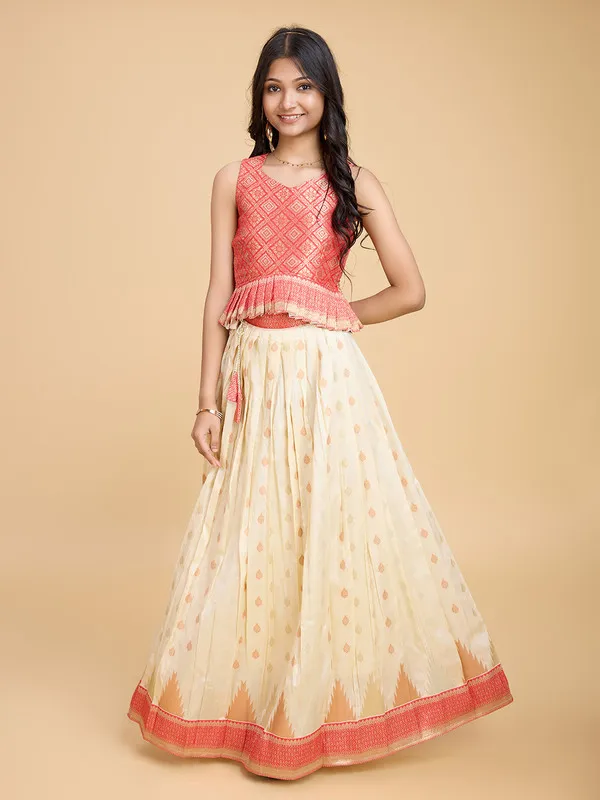 Cream_Silk_Blend_Woven_Lehenga_Choli_For_Girls