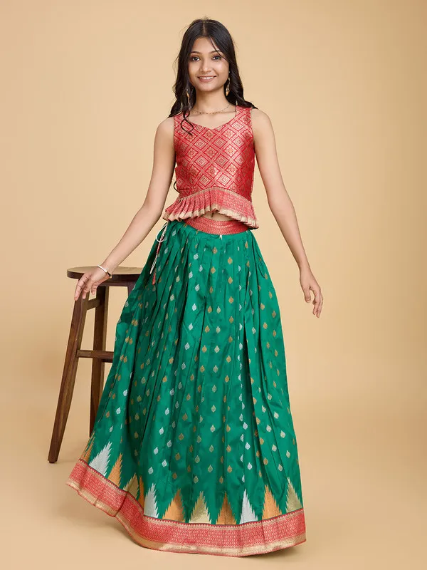 Green_Silk_Blend_Woven_Lehenga_Choli_For_Girls