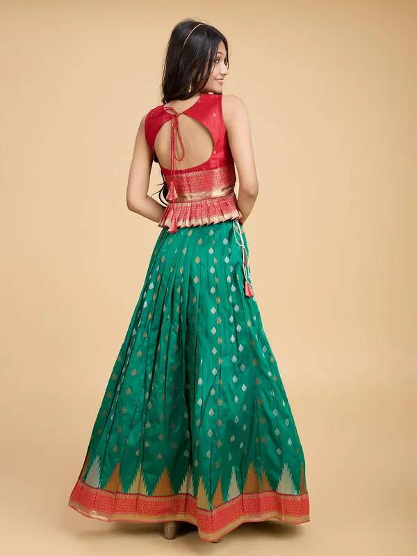 Green_Silk_Blend_Woven_Lehenga_Choli_For_Girls