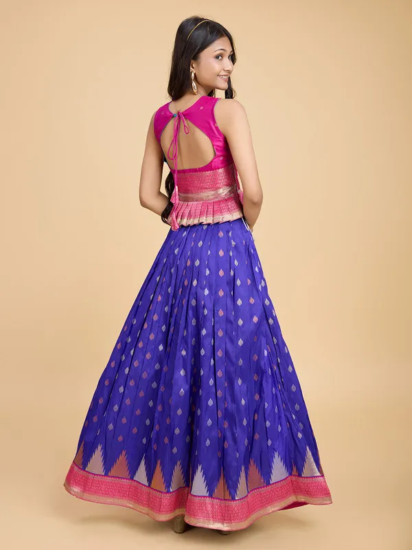 Blue_Silk_Blend_Woven_Lehenga_Choli_For_Girls