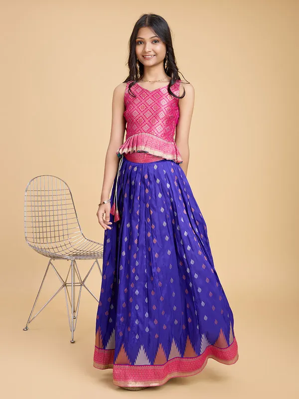 Blue_Silk_Blend_Woven_Lehenga_Choli_For_Girls