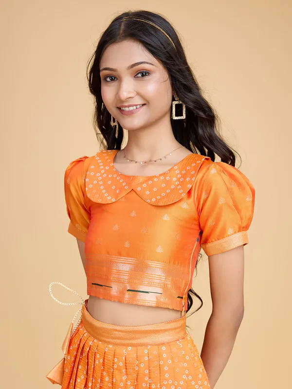 Orange_Silk_Blend_Woven_Lehenga_Choli_For_Girls