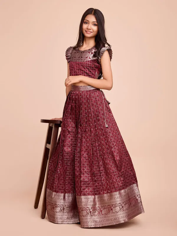 Brown_Silk_Woven_Lehenga_Choli_For_Girls