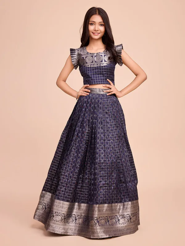 Navy_Blue_Silk_Woven_Lehenga_Choli_For_Girls