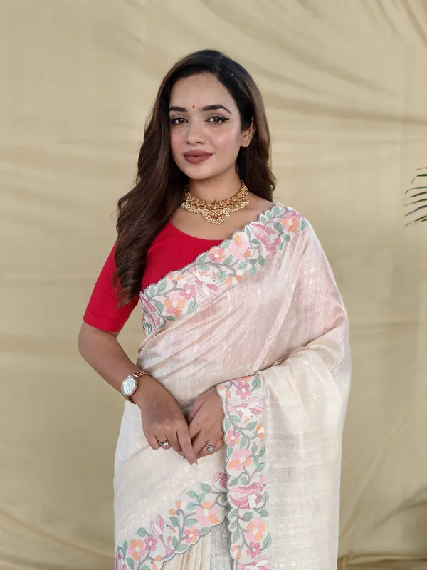 Cream_Tussar_Silk_Embroidery_Saree_For_Women