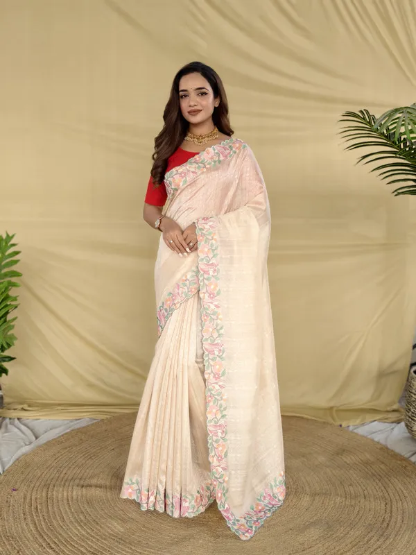 Cream_Tussar_Silk_Embroidery_Saree_For_Women
