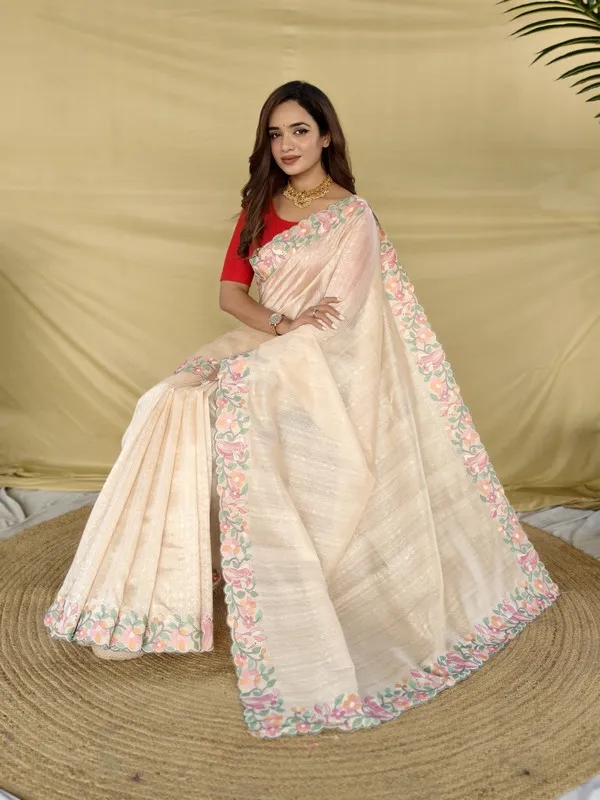 Cream_Tussar_Silk_Embroidery_Saree_For_Women