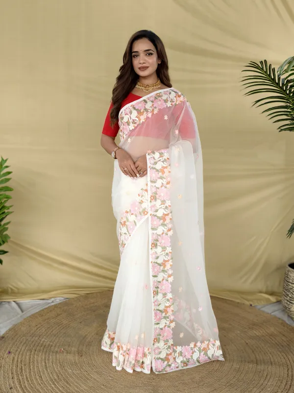 Cream_Chiffon_Embroidery_Saree_For_Women