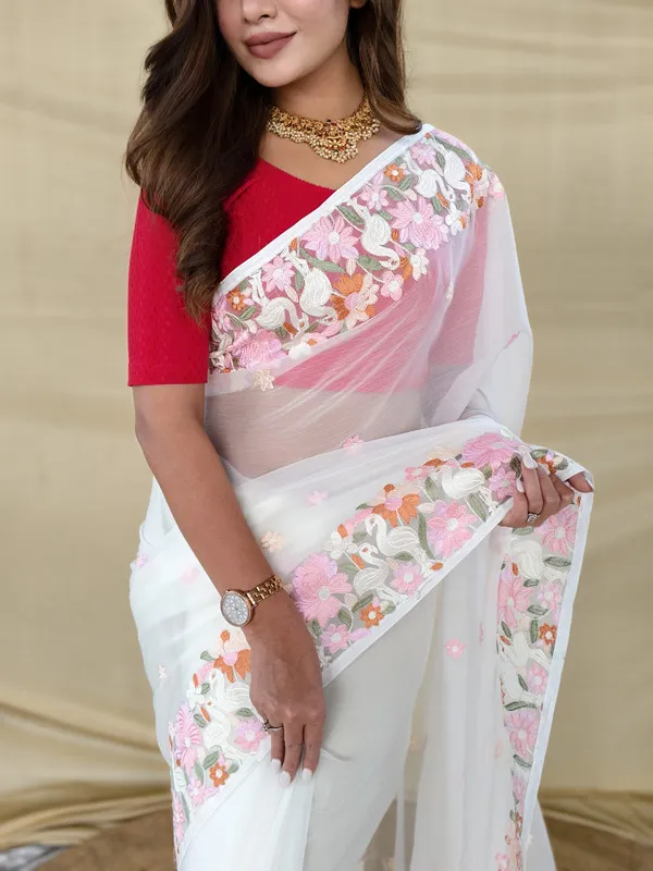 Cream_Chiffon_Embroidery_Saree_For_Women