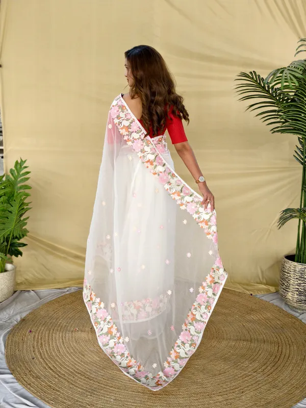 Cream_Chiffon_Embroidery_Saree_For_Women
