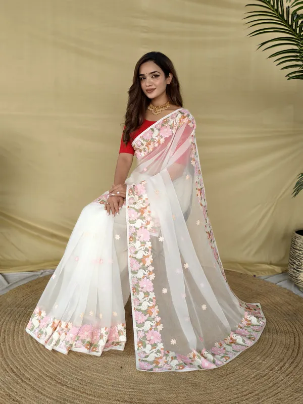 Cream_Chiffon_Embroidery_Saree_For_Women