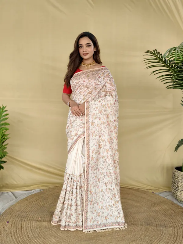Cream_Tussar_Silk_Embroidery_Saree_For_Women