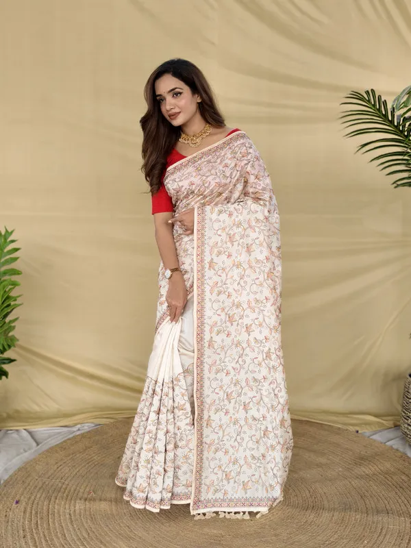 Cream_Tussar_Silk_Embroidery_Saree_For_Women