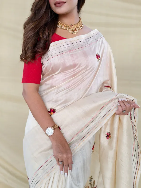 Cream_Silk_Woven_Embroidery_Saree_For_Women