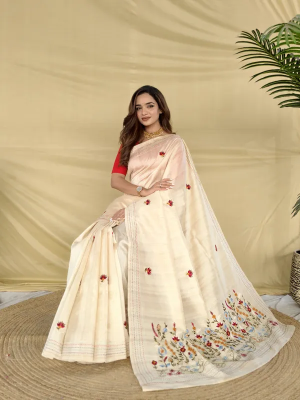 Cream_Silk_Woven_Embroidery_Saree_For_Women