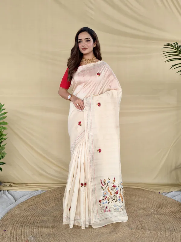 Cream_Silk_Woven_Embroidery_Saree_For_Women