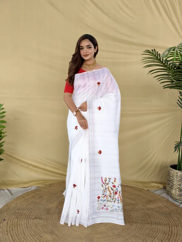 White_Silk_Woven,Embroidery_Saree_For_Women