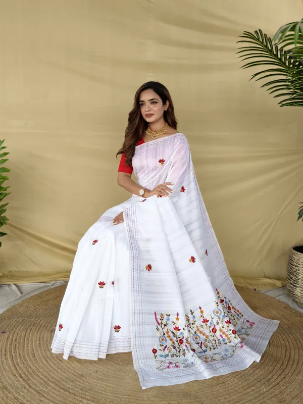 White_Silk_Woven,Embroidery_Saree_For_Women