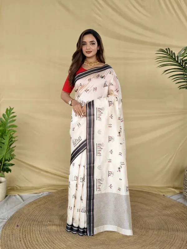 Black_And_Cream_Tussar_Silk_Woven_Embroidery_Saree_For_Women