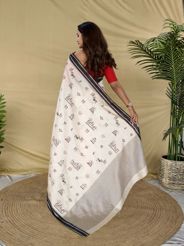 Black_And_Cream_Tussar_Silk_Woven_Embroidery_Saree_For_Women