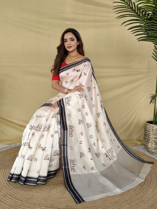 Black_And_Cream_Tussar_Silk_Woven_Embroidery_Saree_For_Women