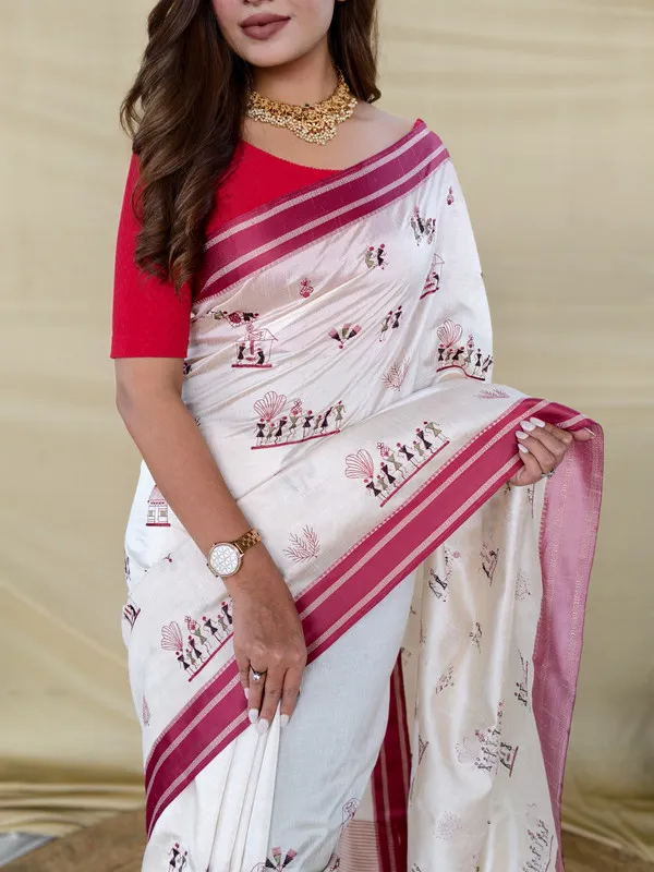Red_Cream_Tussar_Silk_Woven,Embroidery_Saree_For_Women
