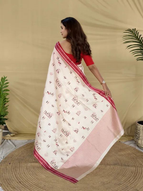 Red_Cream_Tussar_Silk_Woven,Embroidery_Saree_For_Women