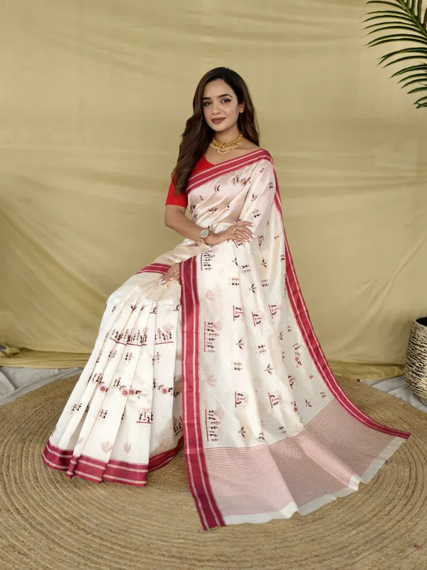 Red_Cream_Tussar_Silk_Woven,Embroidery_Saree_For_Women